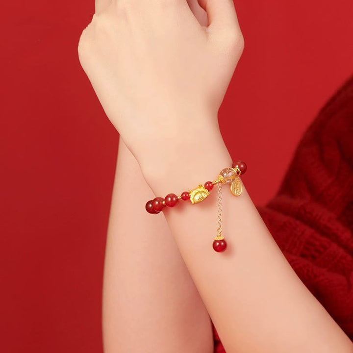 Buddha Stones Year of the Dragon Dumpling Natural Red Agate Garnet Hetian Jade Fu Character Luck Success Bracelet - image 6