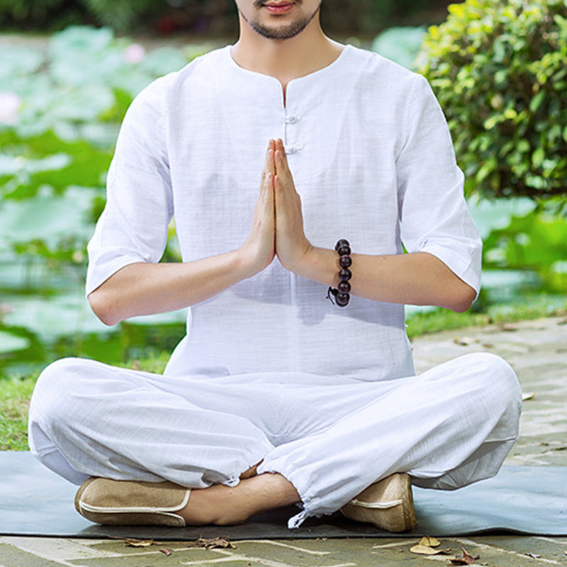 Buddha Stones Meditation Prayer Spiritual Zen Practice Uniform Clothing Men's Set - White - US/UK/AU42，EU52 (2XL)  - image 0