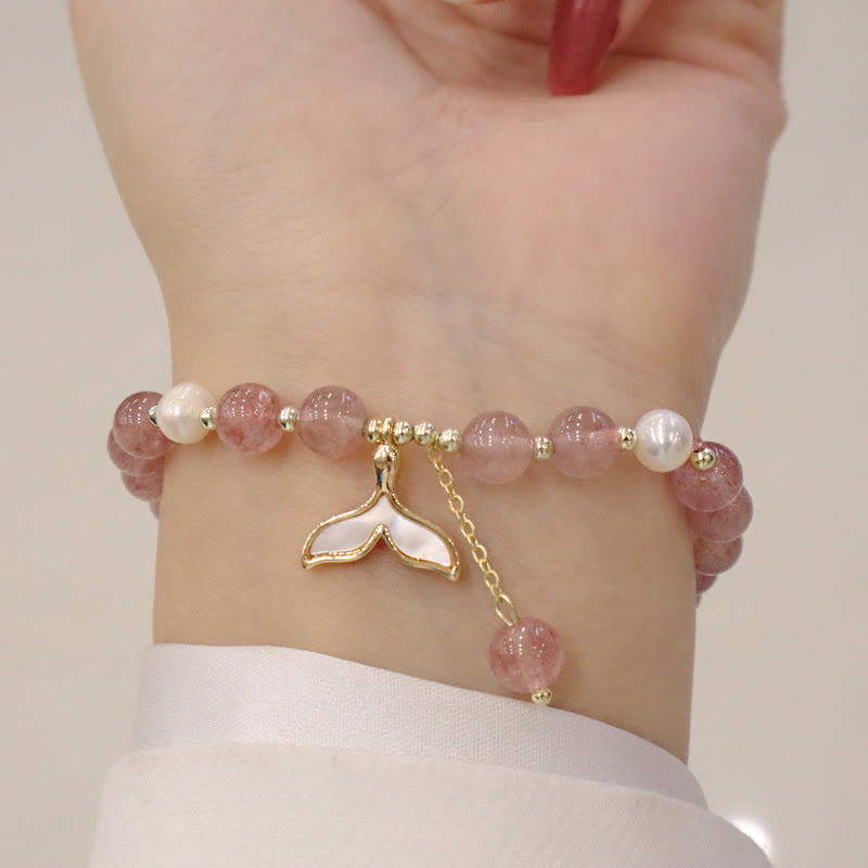 Buddha Stones Strawberry Quartz Pearl Elk Smiley Face Fishtail Fu Character Charm Healing Bracelet - Strawberry Quartz&Fishtail(Wrist Circumference 14-19cm) - image 7
