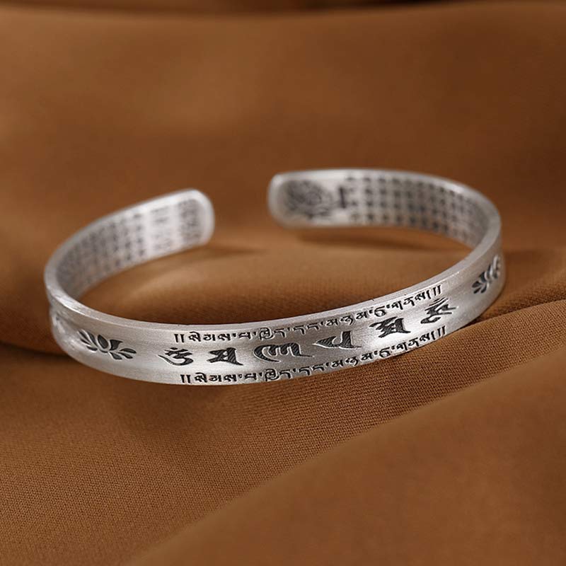 Buddha Stones 999 Sterling Silver Om Mani Padme Hum Lotus Wisdom Bracelet Bangle - image 6