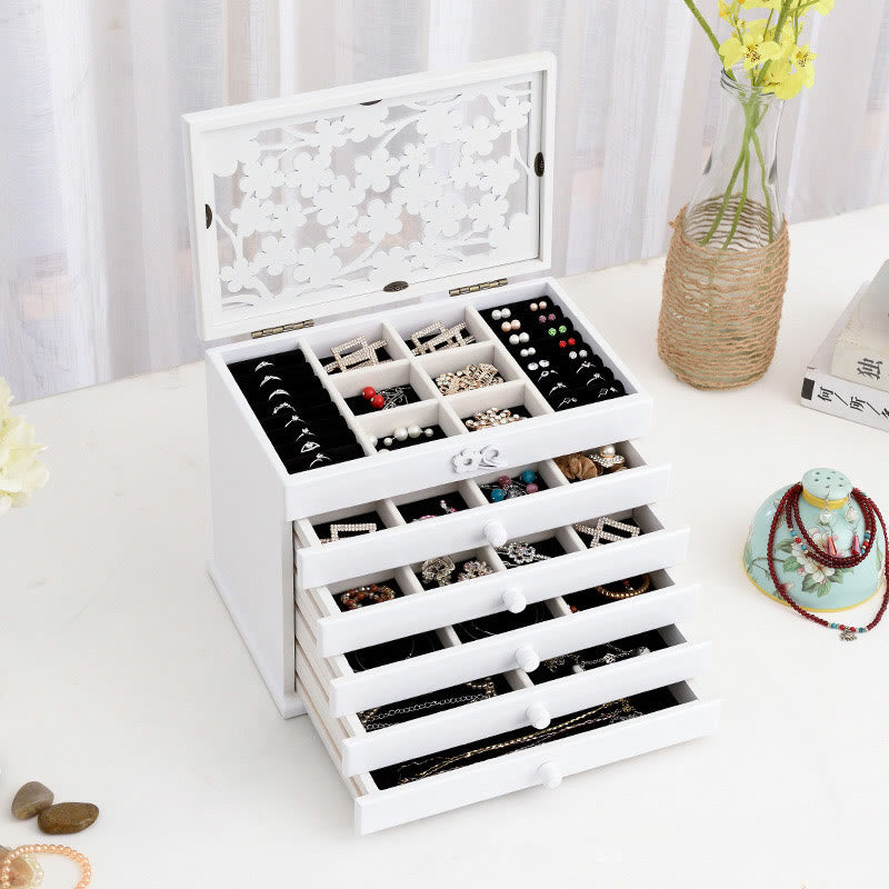 Buddha Stones Vintage Plum Blossom Carved Wooden Jewelry Box Six-Layer Jewelry Storage Box - White 30.6*20.6*24.7cm - image 11