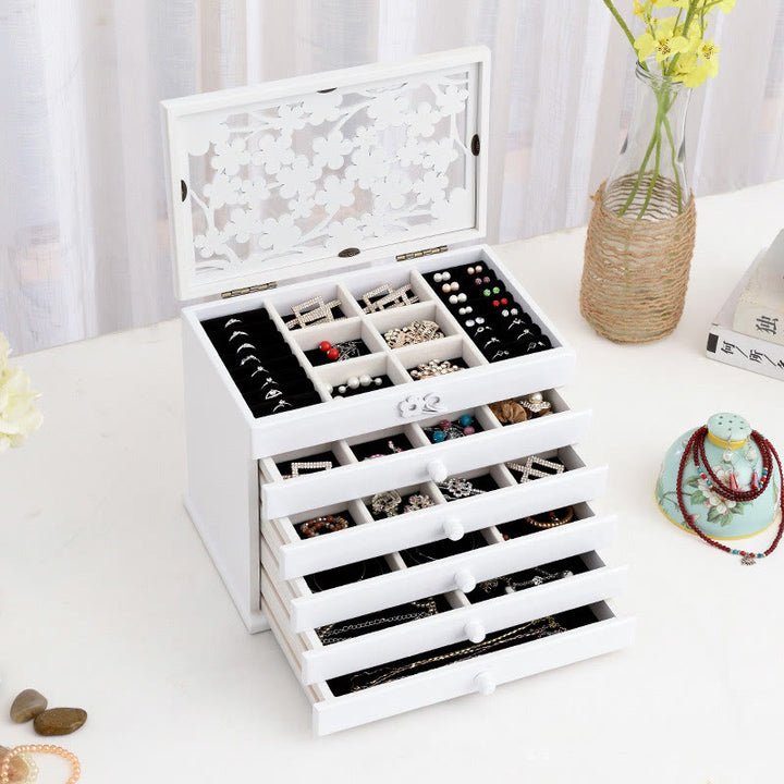 Buddha Stones Vintage Plum Blossom Carved Wooden Jewelry Box Six-Layer Jewelry Storage Box - White 30.6*20.6*24.7cm - image 11