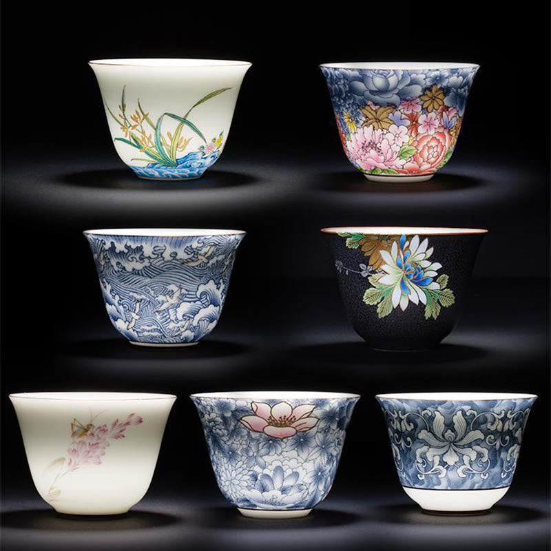 Buddha Stones Colorful Flowers Orchid Sea Waves Blue and White Porcelain Ceramic Teacup Kung Fu Tea Cup - image 1