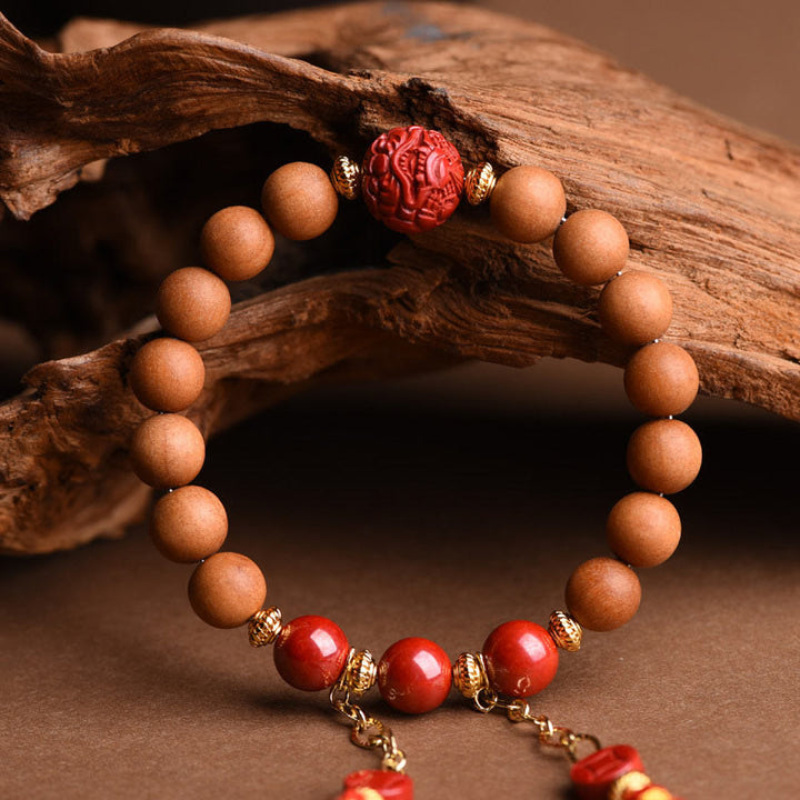 Buddha Stones Tibetan Natural Peach Wood Cinnabar PiXiu Wealth Tassels Bracelet - image 7