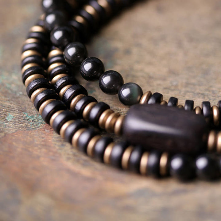 Buddha Stones Rainbow Obsidian Ebony Wood Copper Healing Triple Wrap Bracelet - image 12