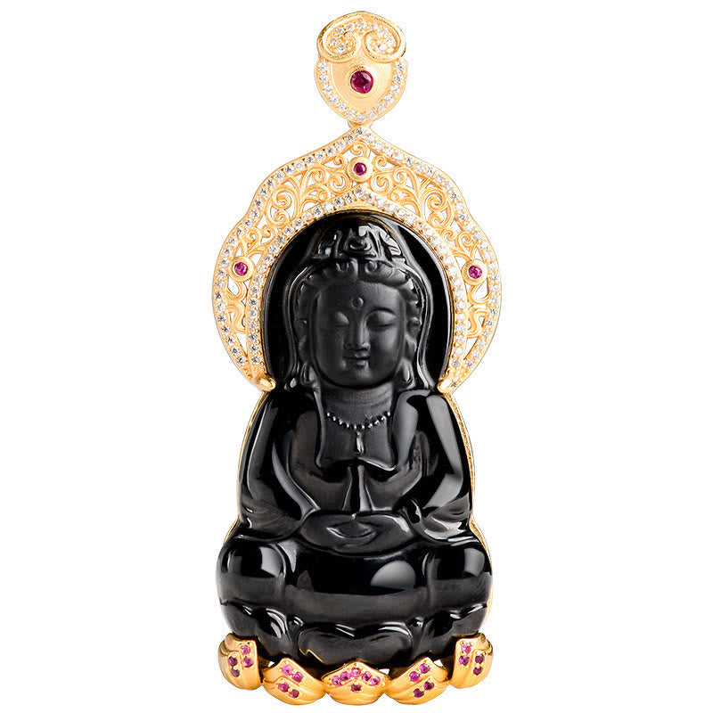 Buddha Stones 925 Sterling Silver Natural Black Jade Kwan Yin Avalokitesvara Wealth Necklace Pendant - image 3