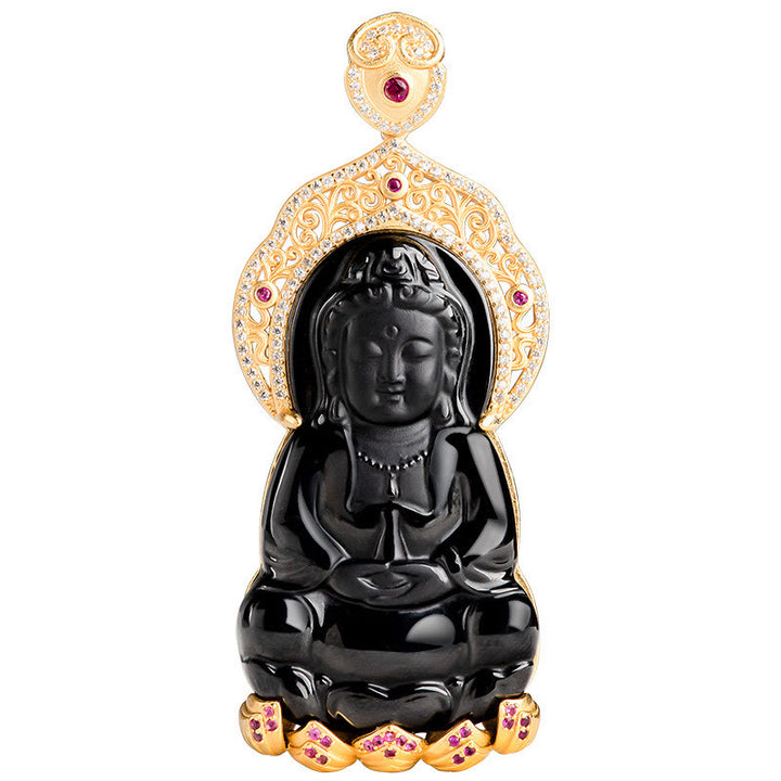 Buddha Stones 925 Sterling Silver Natural Black Jade Kwan Yin Avalokitesvara Wealth Necklace Pendant - image 3