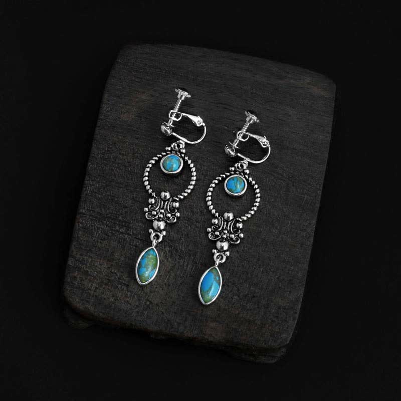 Buddha Stones 925 Sterling Silver Vintage Turquoise Waterdrop Pattern Balance Drop Dangle Earrings - Alloy Turquoise Earring Clips - image 10