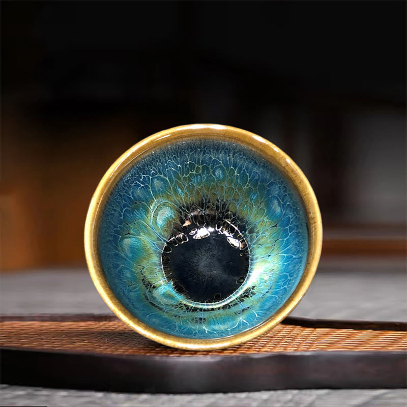 Buddha Stones Vintage Handmade Chinese Jianzhan Blue Colorful Glaze Ceramic Teacup Ceramic Kung Fu Tea Cup - 9.5*5.8cm - image 0