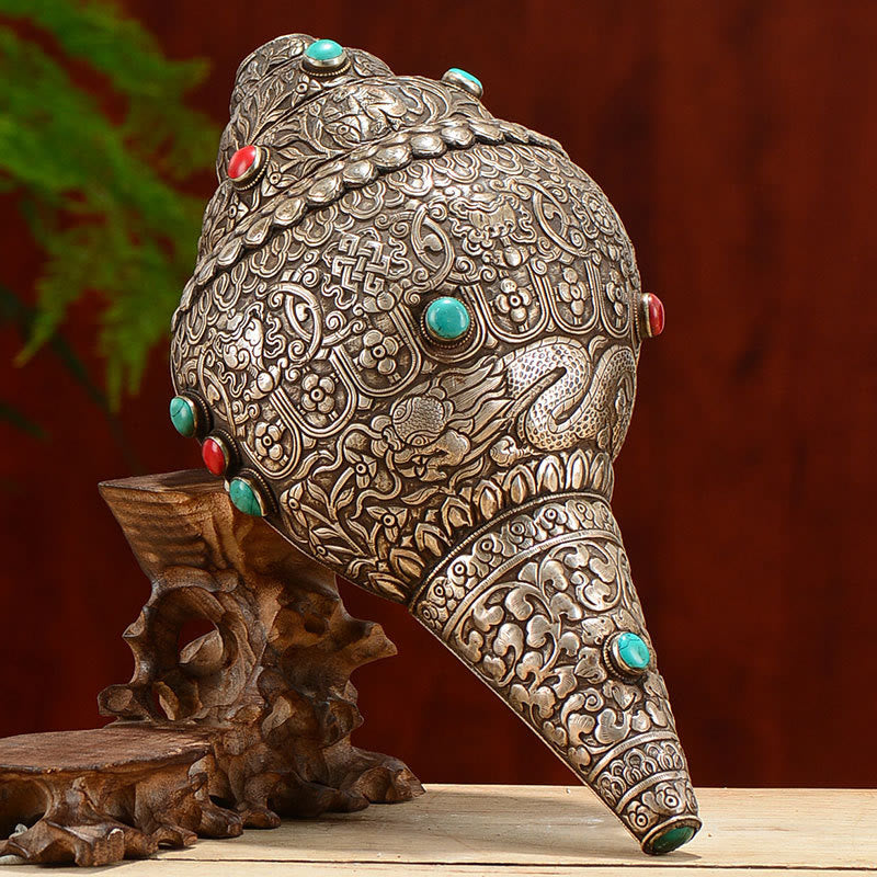Buddha Stones Tibetan Handmade Natural Shankha Engraved Eight Auspicious Symbols Conch Shell Lucky Home Decoration - 27.5*15cm - image 0