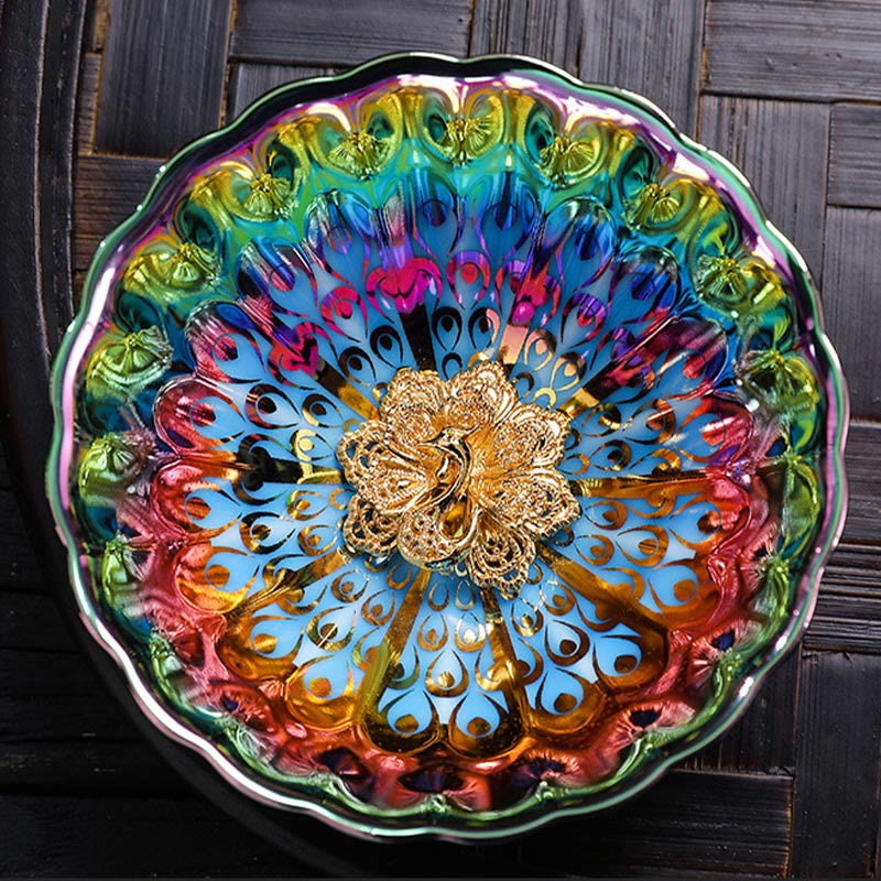 Buddha Stones Vivid Peacock Lotus Inlaid Design Colorful Chinese Jianzhan Ceramic Teacup Kung Fu Tea Cup - Peacock 9.6cm*4.8cm*110ml - image 0