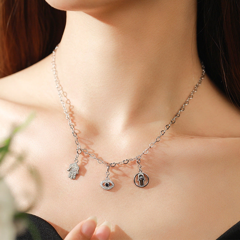 925 Sterling Silver Evil Eye Hamsa Symbol Prosperity Luck Chain Necklace Pendant - image 1