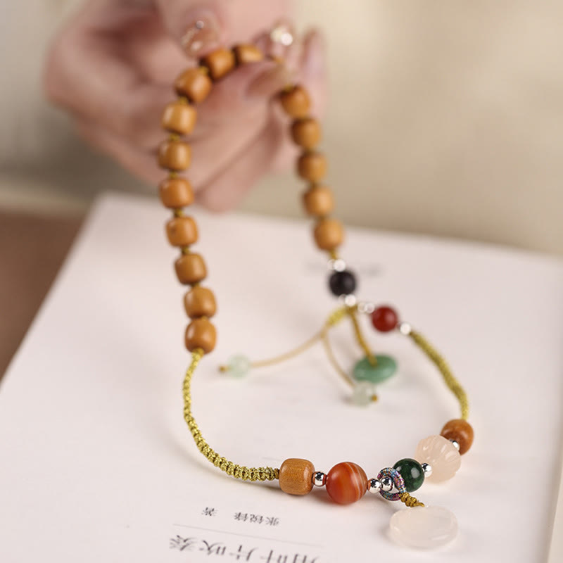 Buddha Stones Green Sandalwood Chalcedony Peace Buckle Charm Soothing Double Wrap Bracelet - image 2