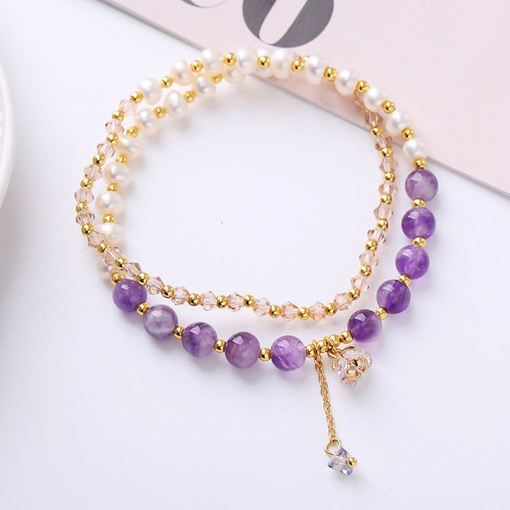 Buddha Stones Natural Amethyst Aquamarine Strawberry Quartz Pearl Peace Healing Double Wrap Bracelet - image 3