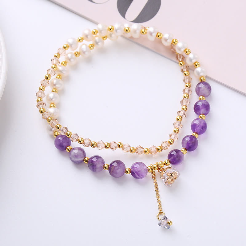 Buddha Stones Natural Amethyst Aquamarine Strawberry Quartz Pearl Peace Healing Double Wrap Bracelet - Amethyst(Spiritual Awareness♥Inner Peace) - image 0