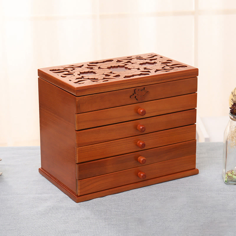 Buddha Stones Large Capacity Vintage Flowers Carved Wooden Jewelry Box Six-Layer Jewelry Storage Box - image 9