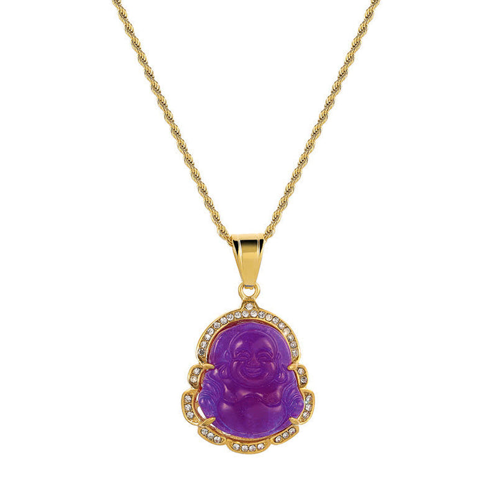 Buddha Stones 18K Gold Filled Laughing Buddha Jade Luck Necklace Chain Pendant - Purple - image 20