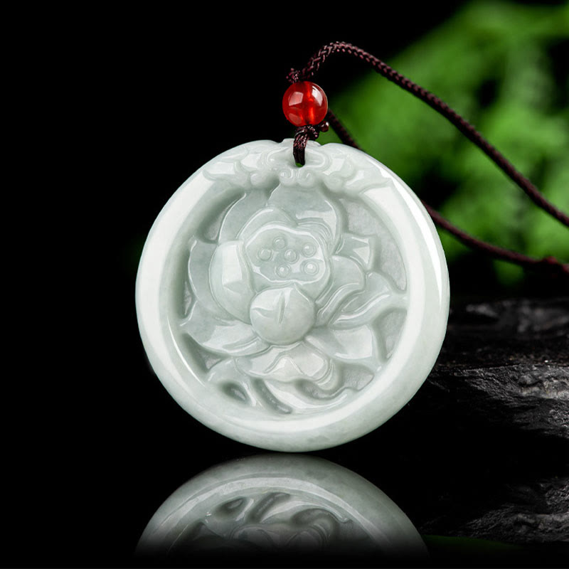 Buddha Stones Natural Jade Lotus Flower Carved Prosperity Necklace Pendant - image 1