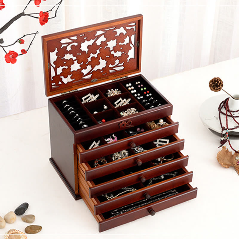 Buddha Stones Vintage Plum Blossom Carved Wooden Jewelry Box Six-Layer Jewelry Storage Box - image 2