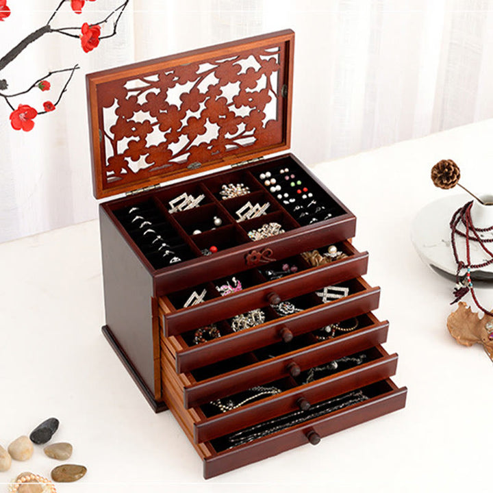 Buddha Stones Vintage Plum Blossom Carved Wooden Jewelry Box Six-Layer Jewelry Storage Box - image 2