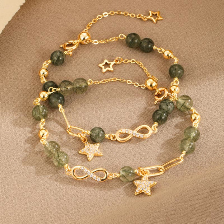 Buddha Stones 14K Gold Green Rutilated Quartz Möbius Loop Eternal Love Star Protection Bracelet - image 8