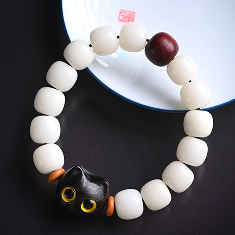 Buddha Stones Natural Bodhi Seed Small Leaf Red Sandalwood Ebony Wood Cute Lucky Cat Wisdom Bracelet - image 4