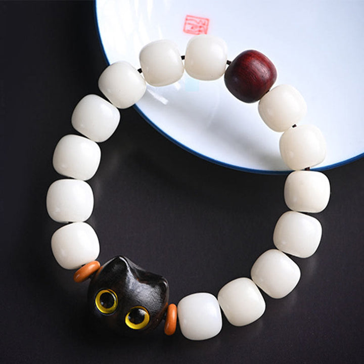 Buddha Stones Natural Bodhi Seed Small Leaf Red Sandalwood Ebony Wood Cute Lucky Cat Wisdom Bracelet - image 4