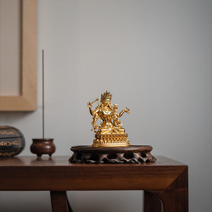 Four-armed Manjusri Bodhisattva Gold Figurine Compassion Serenity Copper Statue Home Decoration - image 6