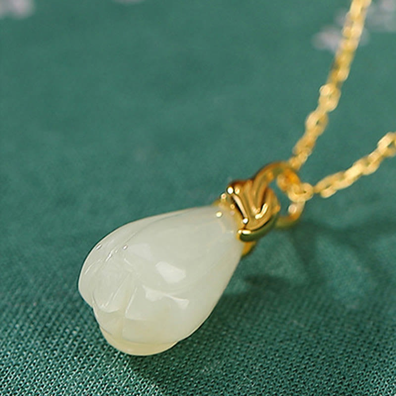 Buddha Stones 925 Sterling Silver Plated Gold Natural Hetian Jade Magnolia Flower Abundance Necklace Pendant - image 3