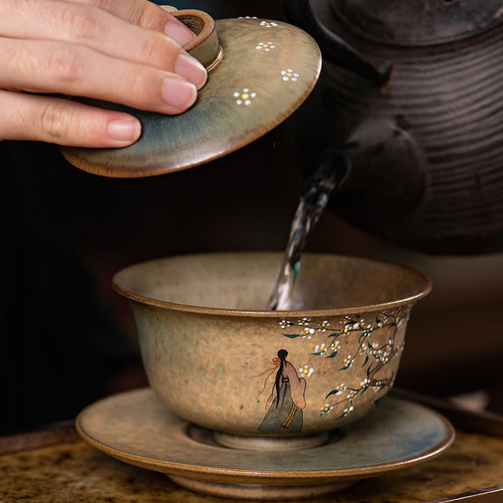 Buddha Stones Jingdezhen Hand Painted Ru Kiln Porcelain Hanfu Girl Flower Ceramic Gaiwan Sancai Teacup Kung Fu Tea Cup And Saucer With Lid - image 10