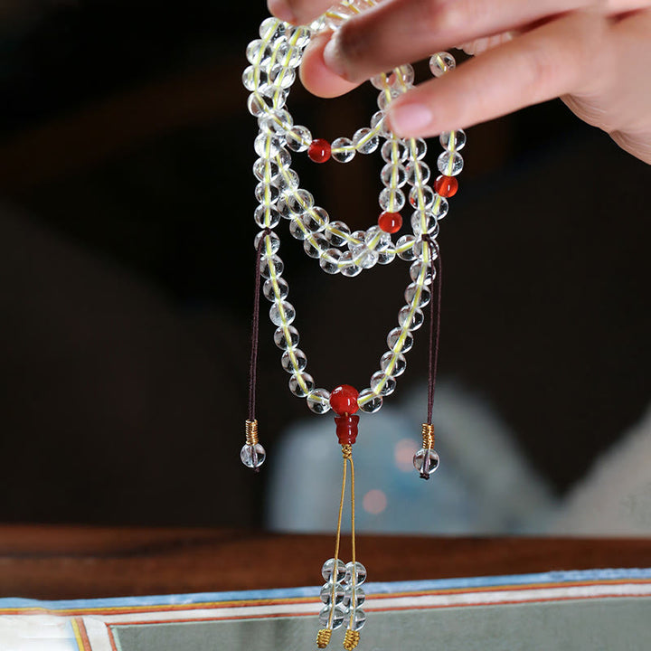 Buddha Stones 108 Mala Beads 925 Sterling Silver Natural White Agate Red Agate Quadruple Wrap Protection Bracelet - image 5