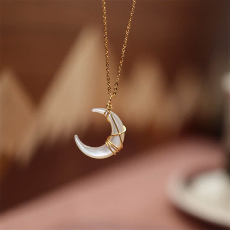 Buddha Stones Natural Tridacna Stone Crescent Moon Blessing Necklace Pendant - White - image 0