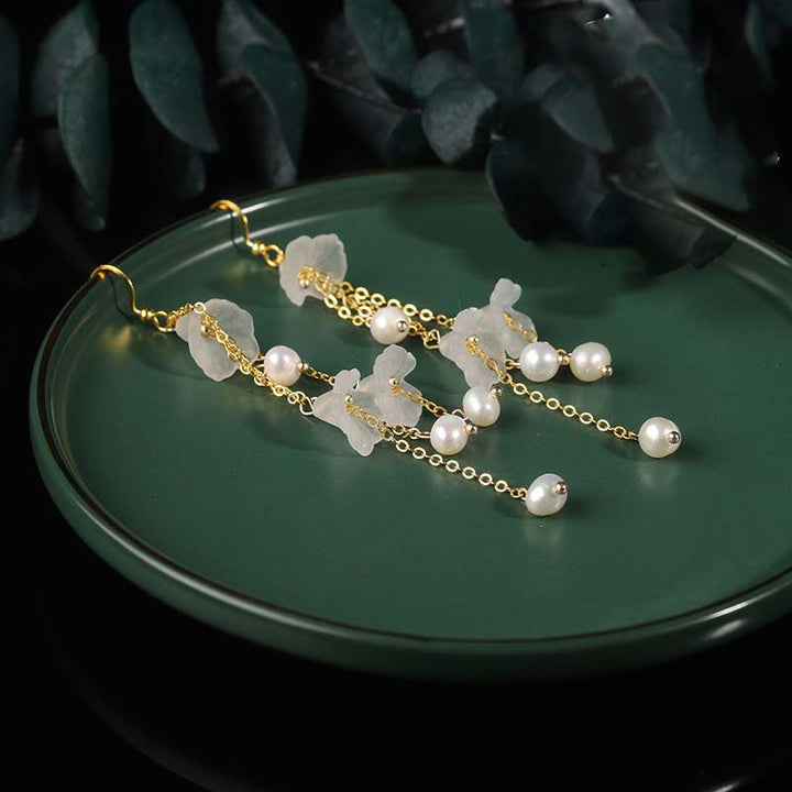 Buddha Stones Pearl Flower Petals Luck Drop Earrings - image 4