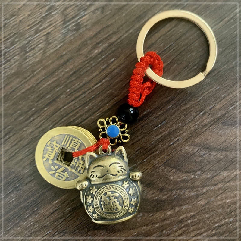 Buddha Stones Feng Shui Five Emperor Coins Lucky Cat Money Wealth Keychain - image 1