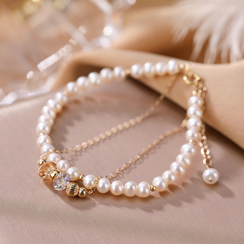 Buddha Stones 925 Sterling Silver 14K Gold Plated Natural Pearl Crystal Healing Double Layer Bracelet - Pearl(Healing♥Wisdom) - image 0