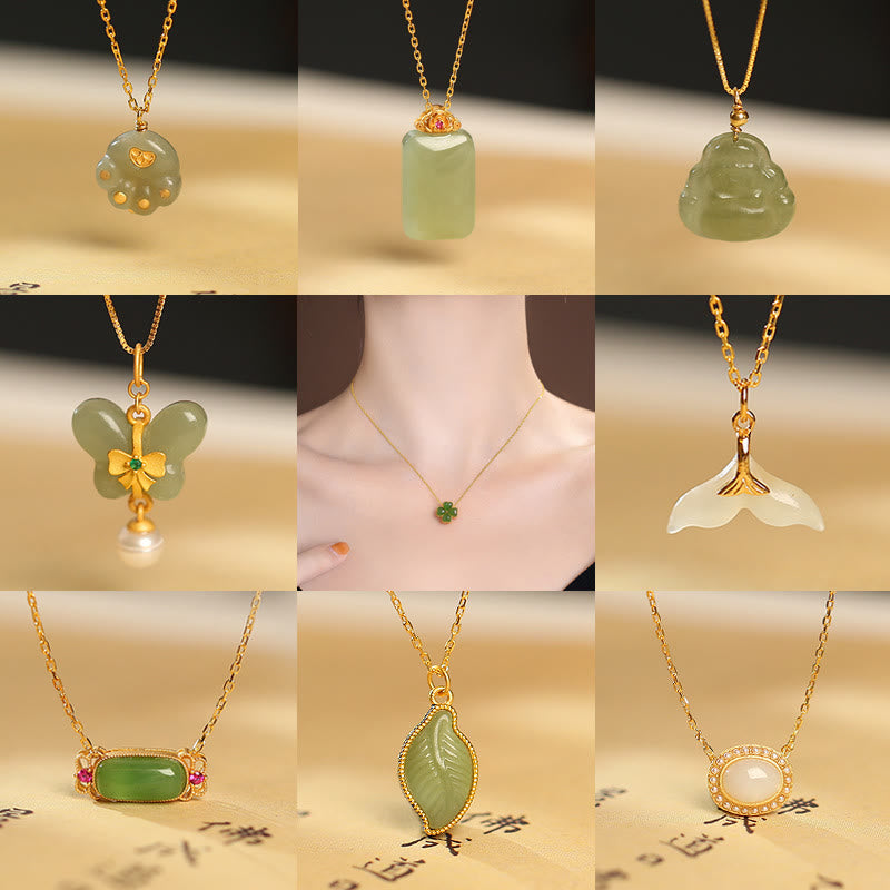 Buddha Stones 925 Sterling Silver Natural Hetian Jade Cyan Jade Luck Laughing Buddha Butterfly Necklace Pendant - image 0