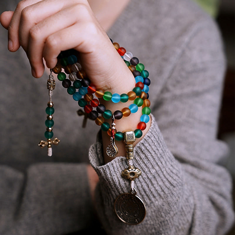 Buddha Stones Tibetan 108 Mala Beads Multicolored Liuli Glass Bead Chinese Zodiac Nine Palaces Eight Diagrams Charm Bracelet - image 9
