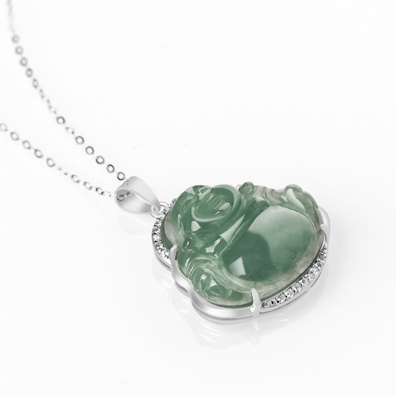 Buddha Stones Laughing Buddha Natural Jade Luck Prosperity Necklace Titanium Steel Chain Pendant - image 2