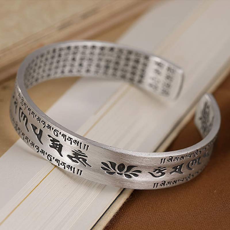 Buddha Stones 999 Sterling Silver Om Mani Padme Hum Lotus Wisdom Bracelet Bangle - Large - image 4