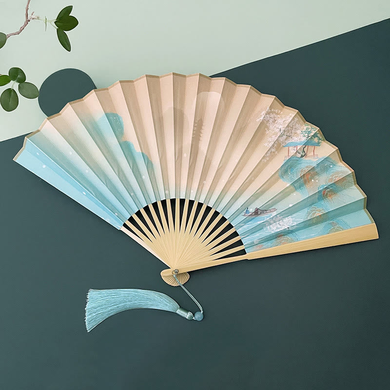 Buddha Stones Retro Lotus Flower Leaf Mountain Lake Handheld Folding Fan With Bamboo Frames - Peach Blossom Mountain Landscape - Beige Bamboo Frames - image 18
