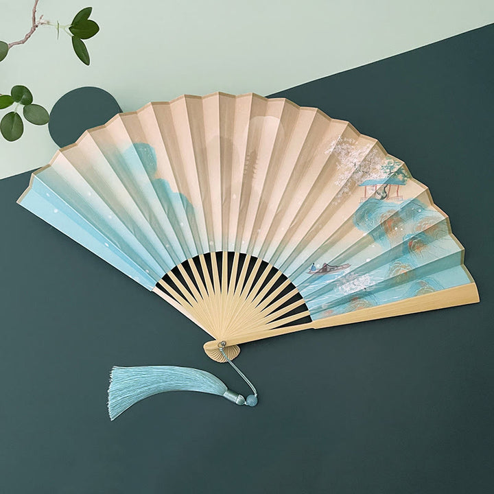 Buddha Stones Retro Lotus Flower Leaf Mountain Lake Handheld Folding Fan With Bamboo Frames - Peach Blossom Mountain Landscape - Beige Bamboo Frames - image 18