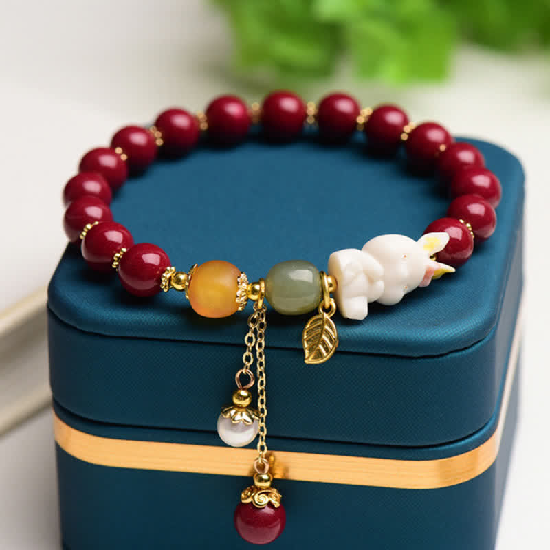 Buddha Stones Year of the Rabbit Cinnabar Hetian Jade Bunny Beaded Blessing Bracelet - image 4