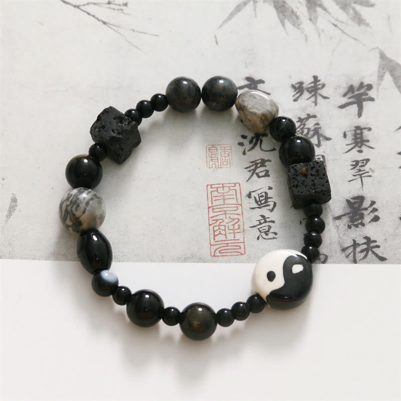 Buddha Stones Black Onyx Picasso Jasper Bead Yin Yang Fortune Protection Bracelet - image 11