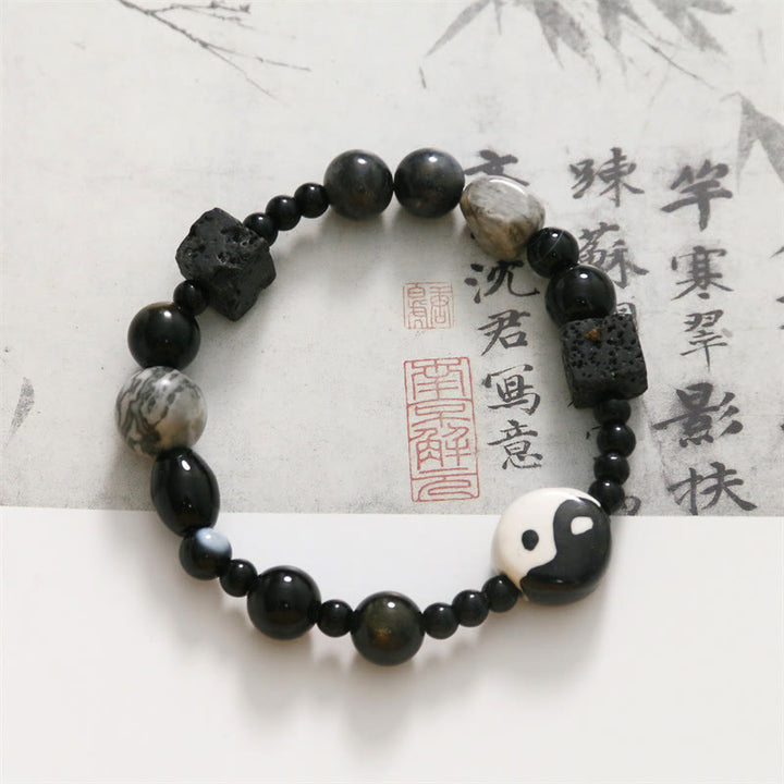 Buddha Stones Black Onyx Picasso Jasper Bead Yin Yang Fortune Protection Bracelet - image 11