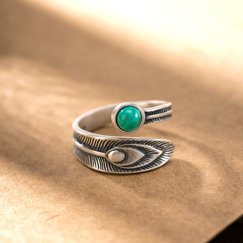 Buddha Stones 925 Sterling Silver Malachite Bead Feather Protection Ring - Malachite (Anti-Anxiety ♥ Protection) - image 0