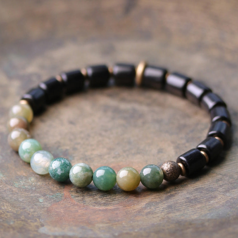 Buddha Stones Ebony Wood Red Jasper Moss Agate Crystal Copper Peace Couple Bracelet - Ebony&Moss Agate - 18cm - image 6
