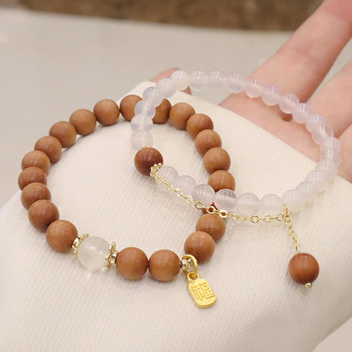 Buddha Stones Sandalwood Cat's Eye Fu Character Charm Protection Bracelet - image 13