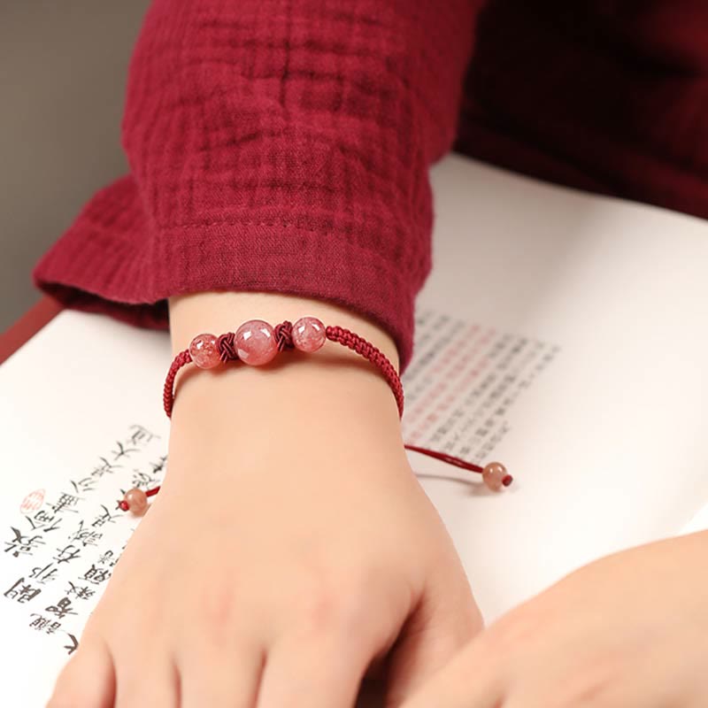 Buddha Stones Natural Strawberry Quartz Crystal Love Red String Weave Bracelet Anklet - image 6
