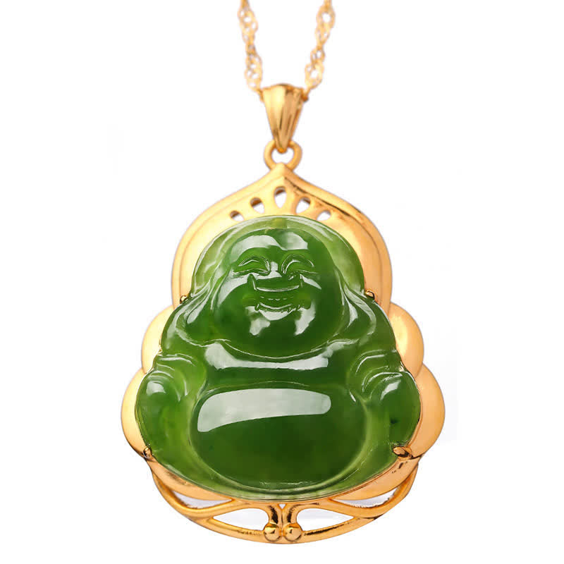 Buddha Stones 925 Sterling Silver Natural Hetian Cyan Jade Laughing Buddha 18K Gold Healing Necklace Chain Pendant - image 10