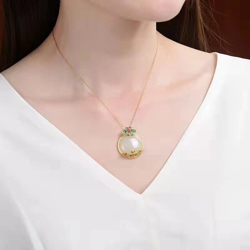 White Jade Red Agate Flower Blessing Luck Necklace Pendant - image 3